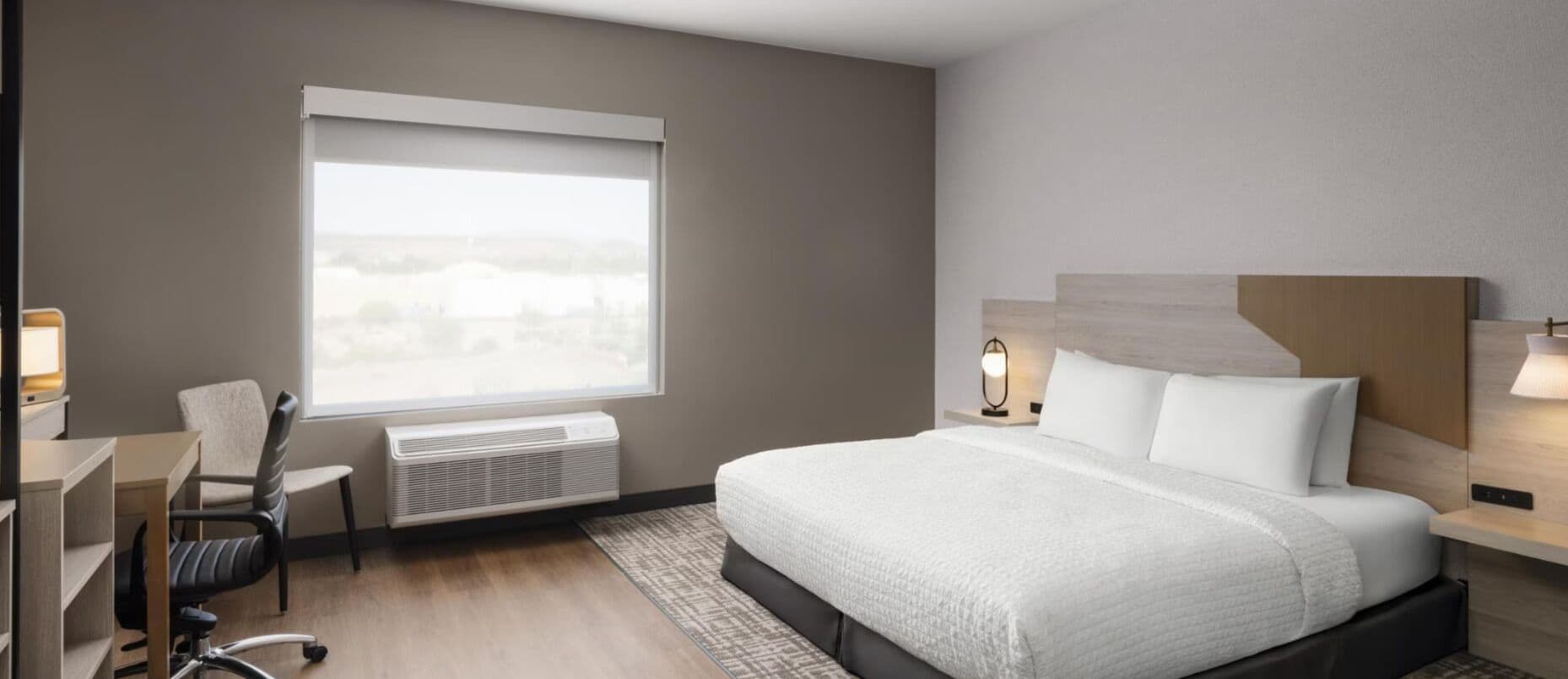 Desk, laptop workspace, blackout curtains, iron/ironing board