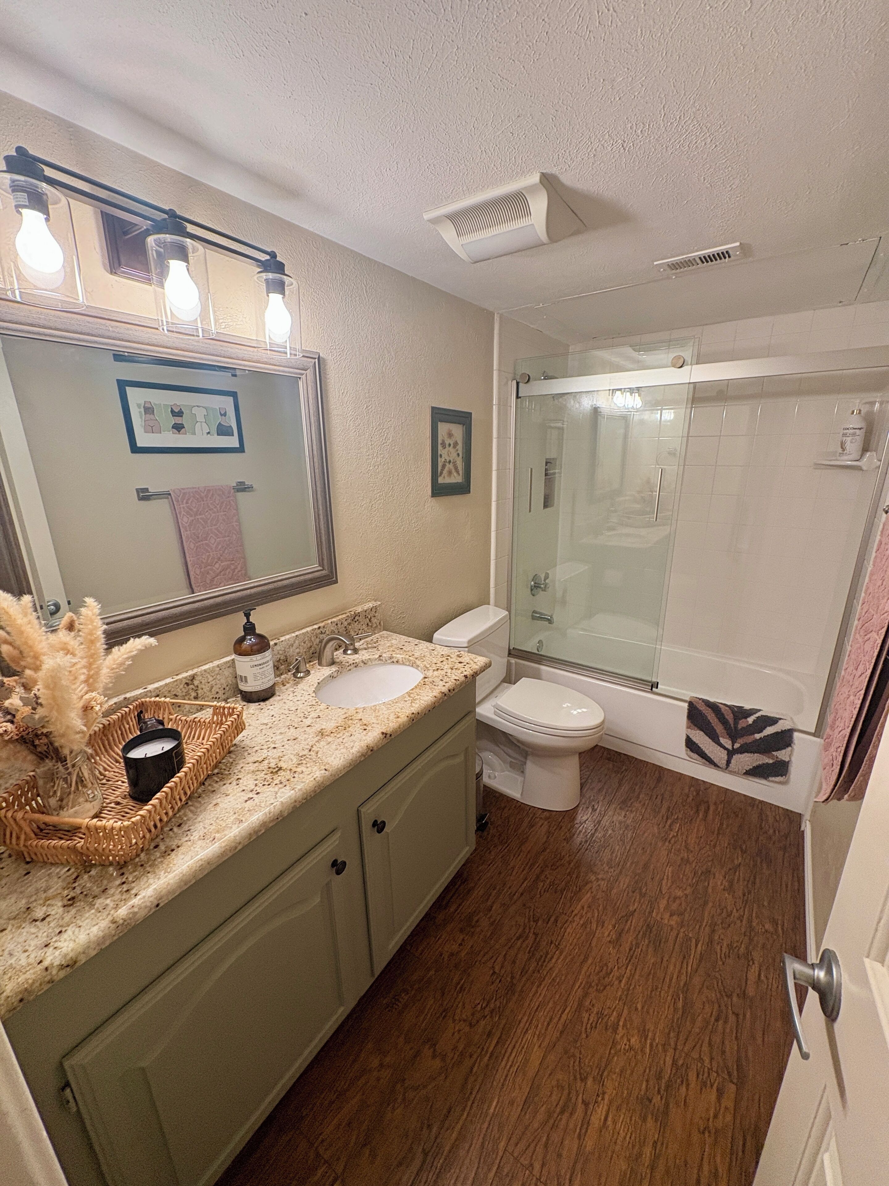 Hair dryer, towels, soap, toilet paper