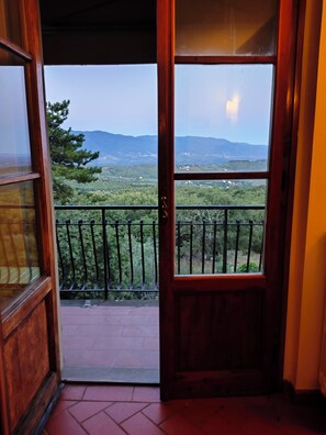 A wooden door leading to a balcony with a metal railing, offering a view of a mountainous landscape and greenery. - Villa Rosanna - hills and woods close to Florence (bagno a ripoli)