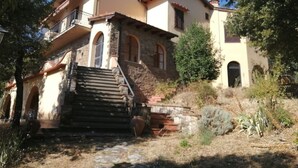 Une maison à deux étages avec une façade en pierre, un escalier en bois menant à l’entrée et un jardin agrémenté de plantes en pot.