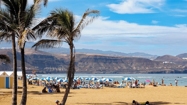 Una playa con palmeras, sombrillas y gente relajándose.