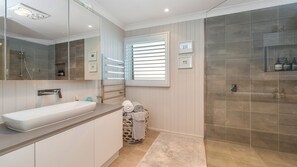Shower, hair dryer, towels