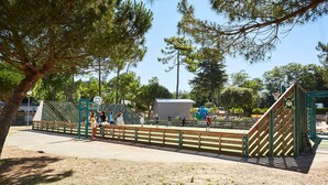 An outdoor basketball court with a wooden fence, trees, and a clear sky.