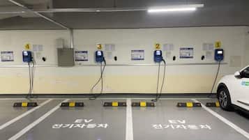Een gebied met een laadstation voor elektrische voertuigen, met vier laadpunten, aangegeven parkeerplaatsen en informatieborden.