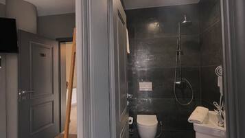 A modern bathroom with a shower, toilet, and sink.
