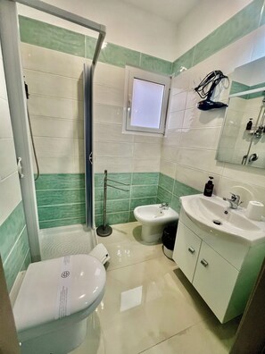 Regadera, secadora de cabello, bidet, toallas 