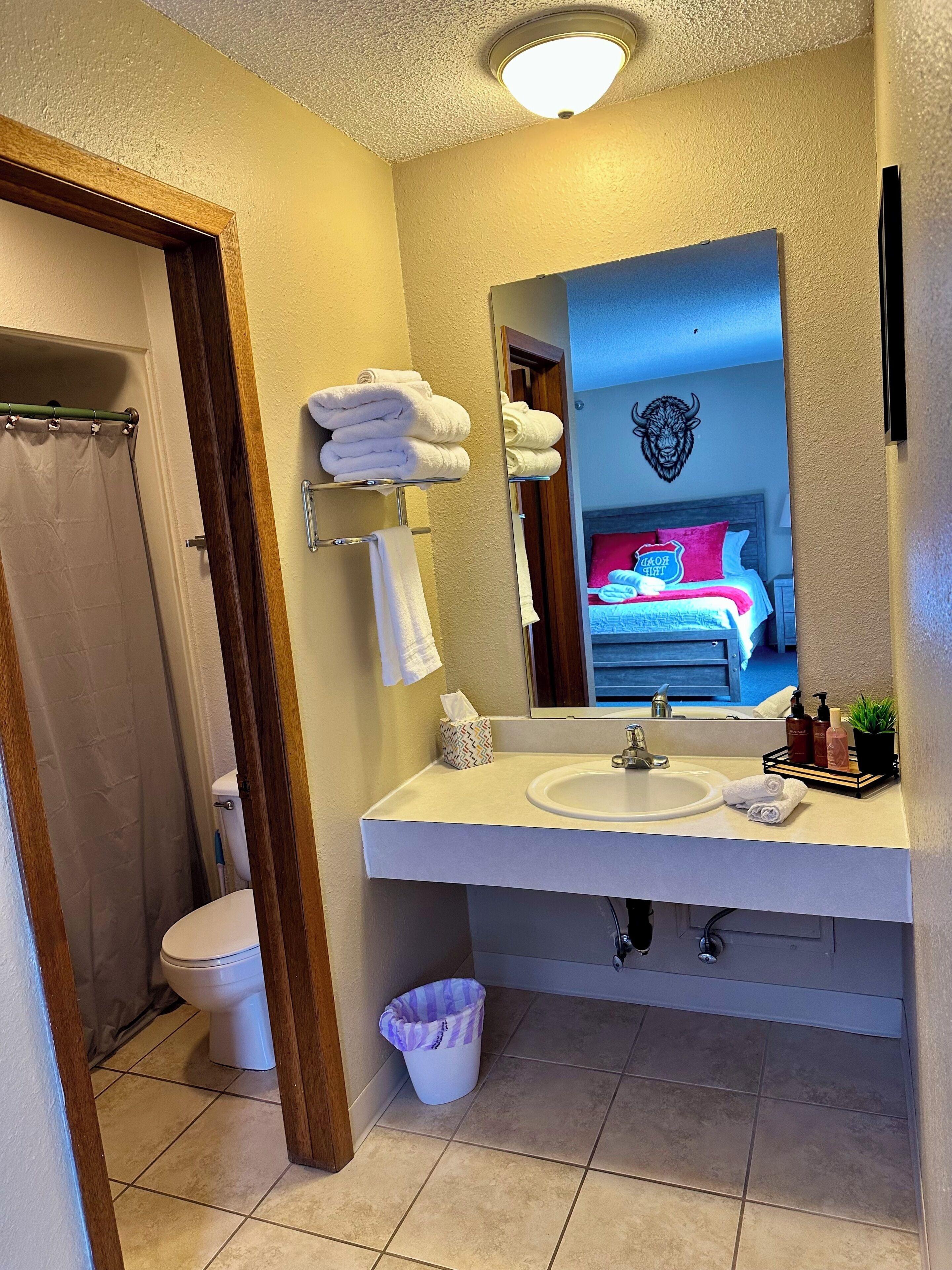 Hair dryer, towels, soap, shampoo