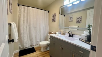 Hair dryer, towels, soap, toilet paper