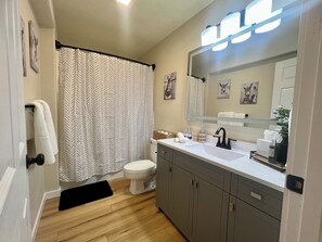 Hair dryer, towels, soap, toilet paper