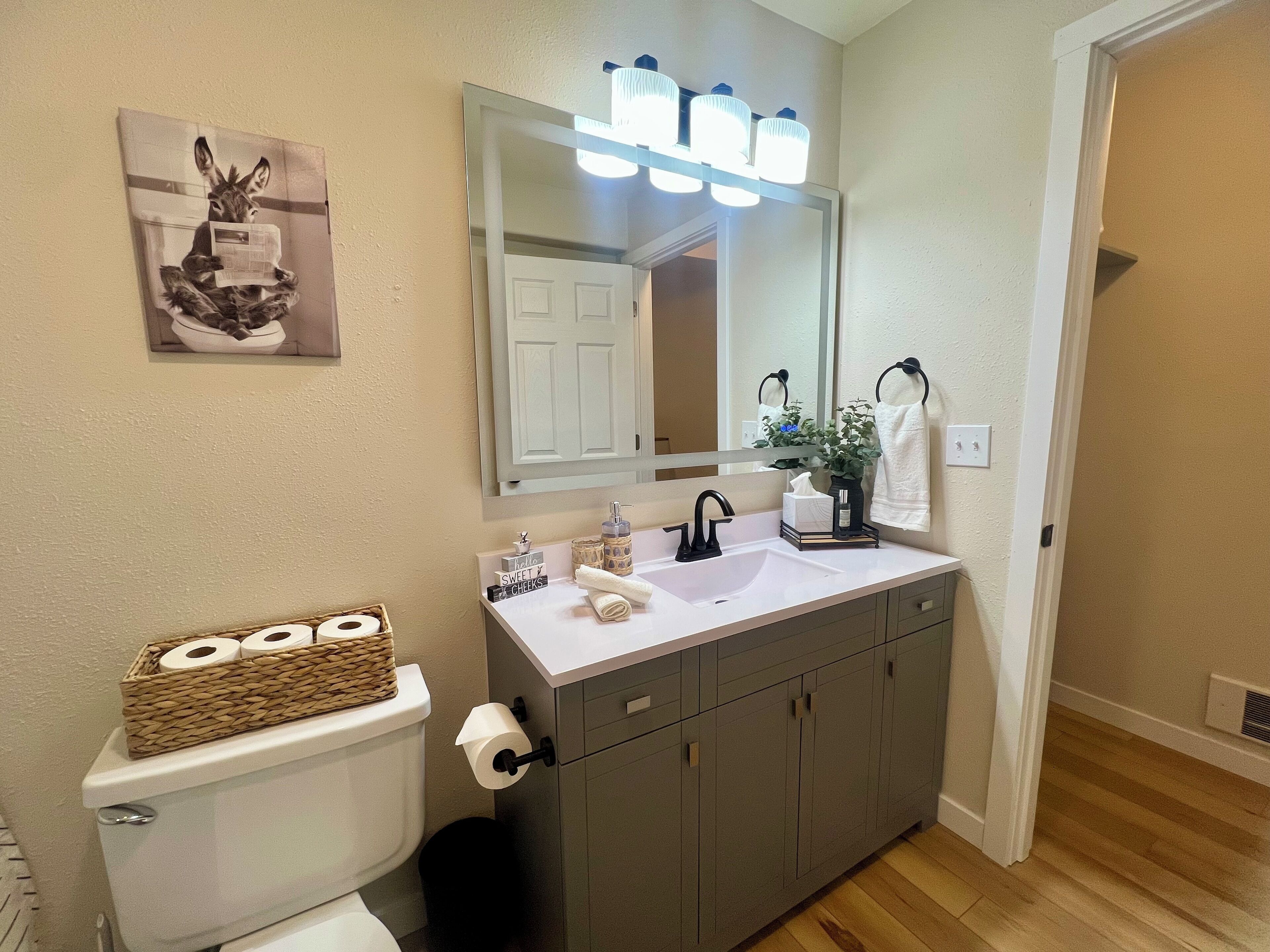 Sèche-cheveux, serviettes fournies, savon, papier toilette