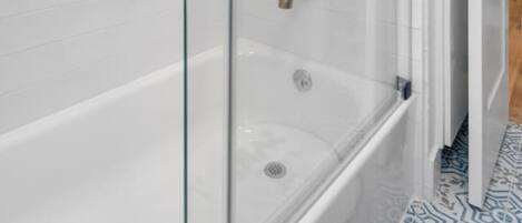A glass-enclosed walk-in shower with a glass door, a bathtub, and a toilet.