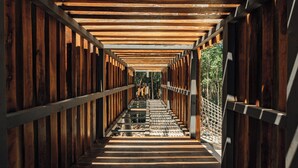 A wooden pedestrian bridge with a metal railing, leading to a forested area. - 101 Park Tulum by Lumina (Tulum)