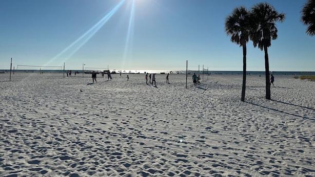 Ein Beachvolleyballfeld mit Palmen und blauem Himmel.