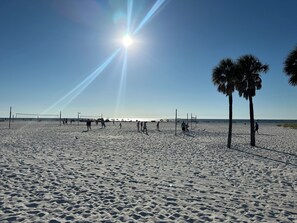 Ein Beachvolleyballfeld mit Palmen und blauem Himmel.