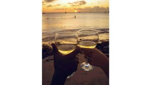 Two hands holding wine glasses at a beach with a sunset in the background. - Irie Heights Oceanview (Gros Islet)