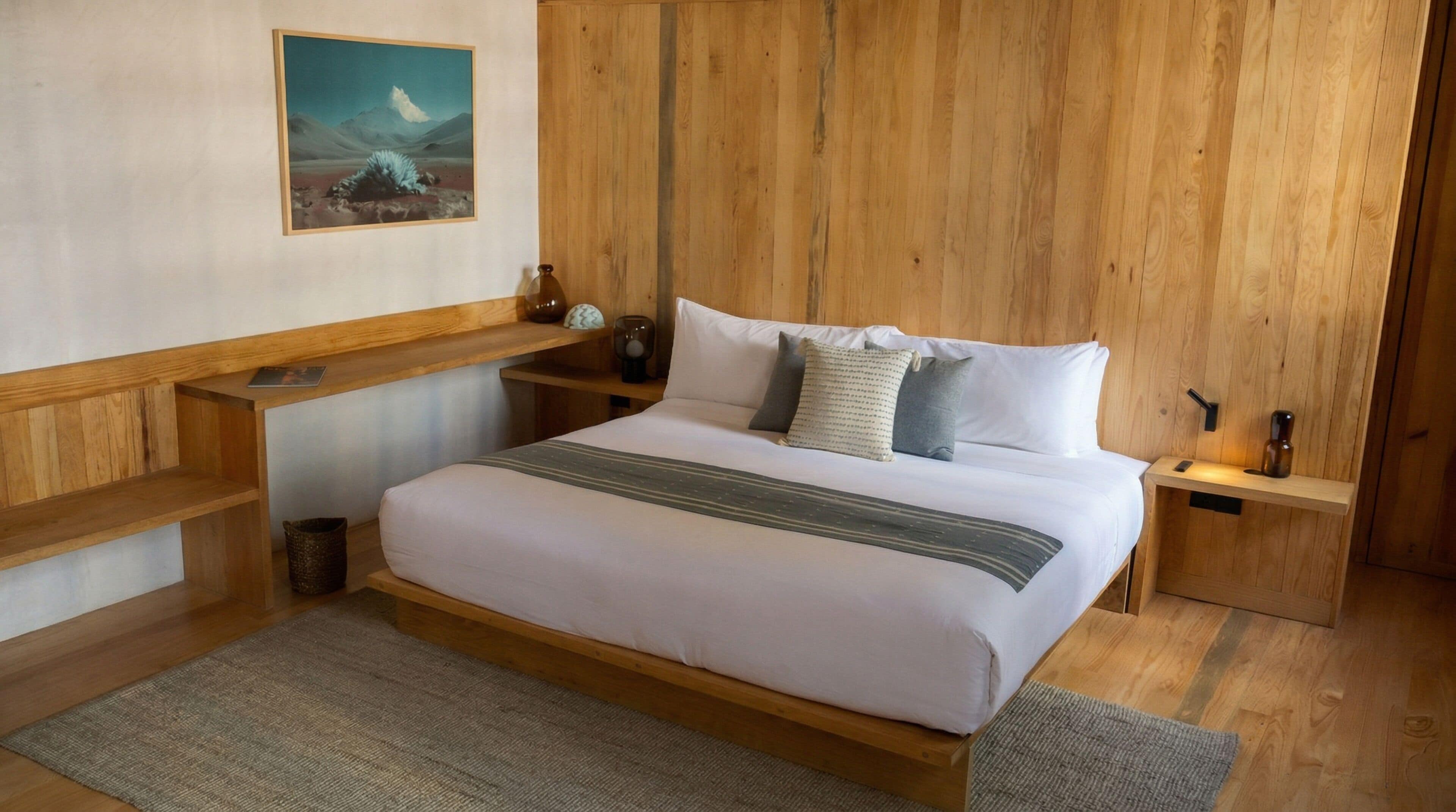 A wooden-paneled room with a bed, a nightstand, a shelf, and a painting on the wall.
