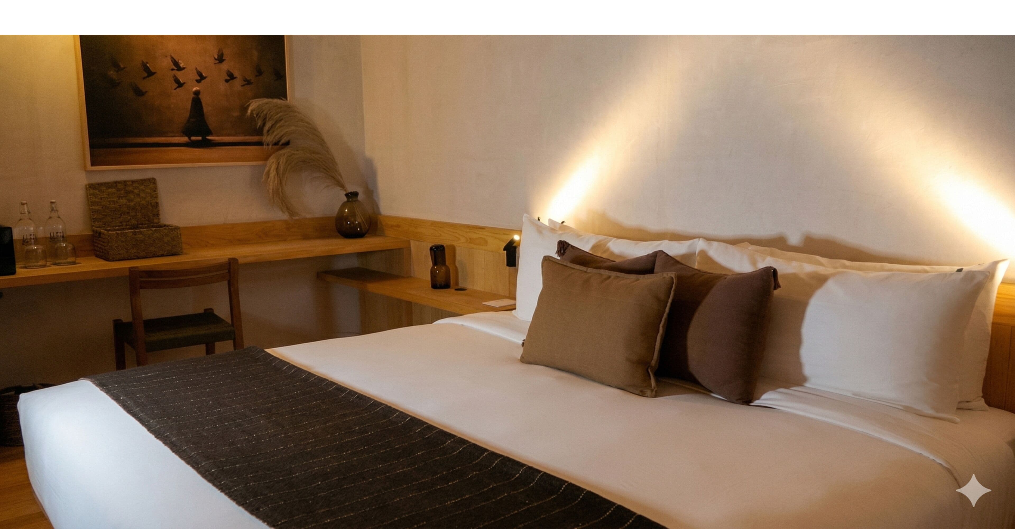 A hotel room with a bed, a desk, a chair, a painting, and a vase.