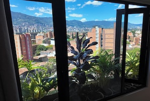 A view through a window with a cityscape, including buildings and mountains in the distance.