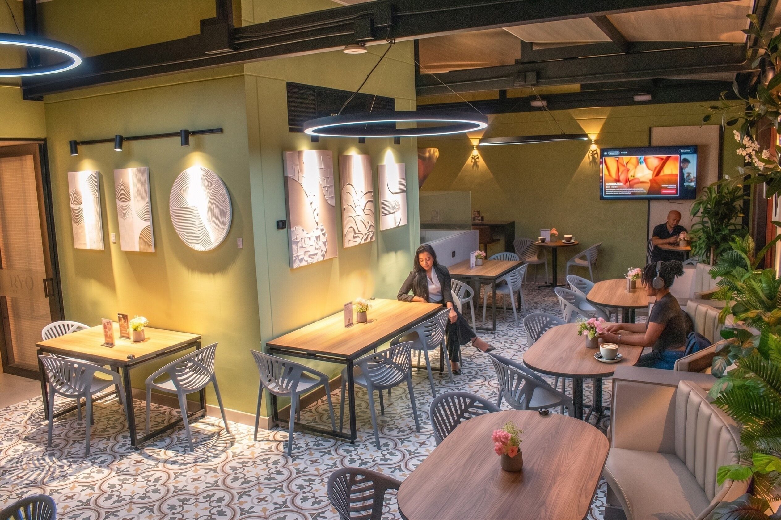 A modern cafe with multiple seating areas, including tables and chairs, and a television screen mounted on the wall.