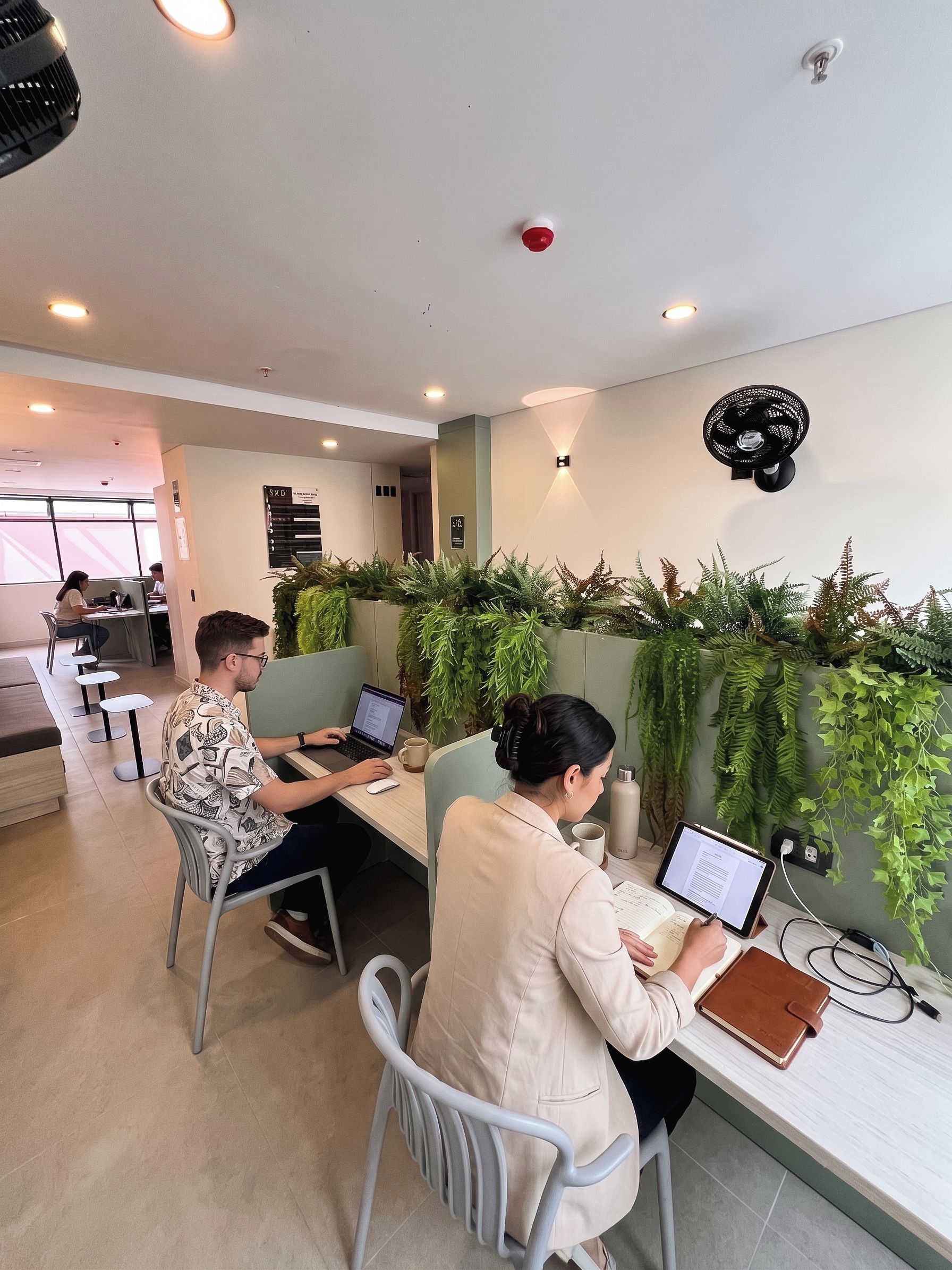 Een kantoorruimte met open werkplekken, bureaus en stoelen, uitgerust met computers en persoonlijke spullen.