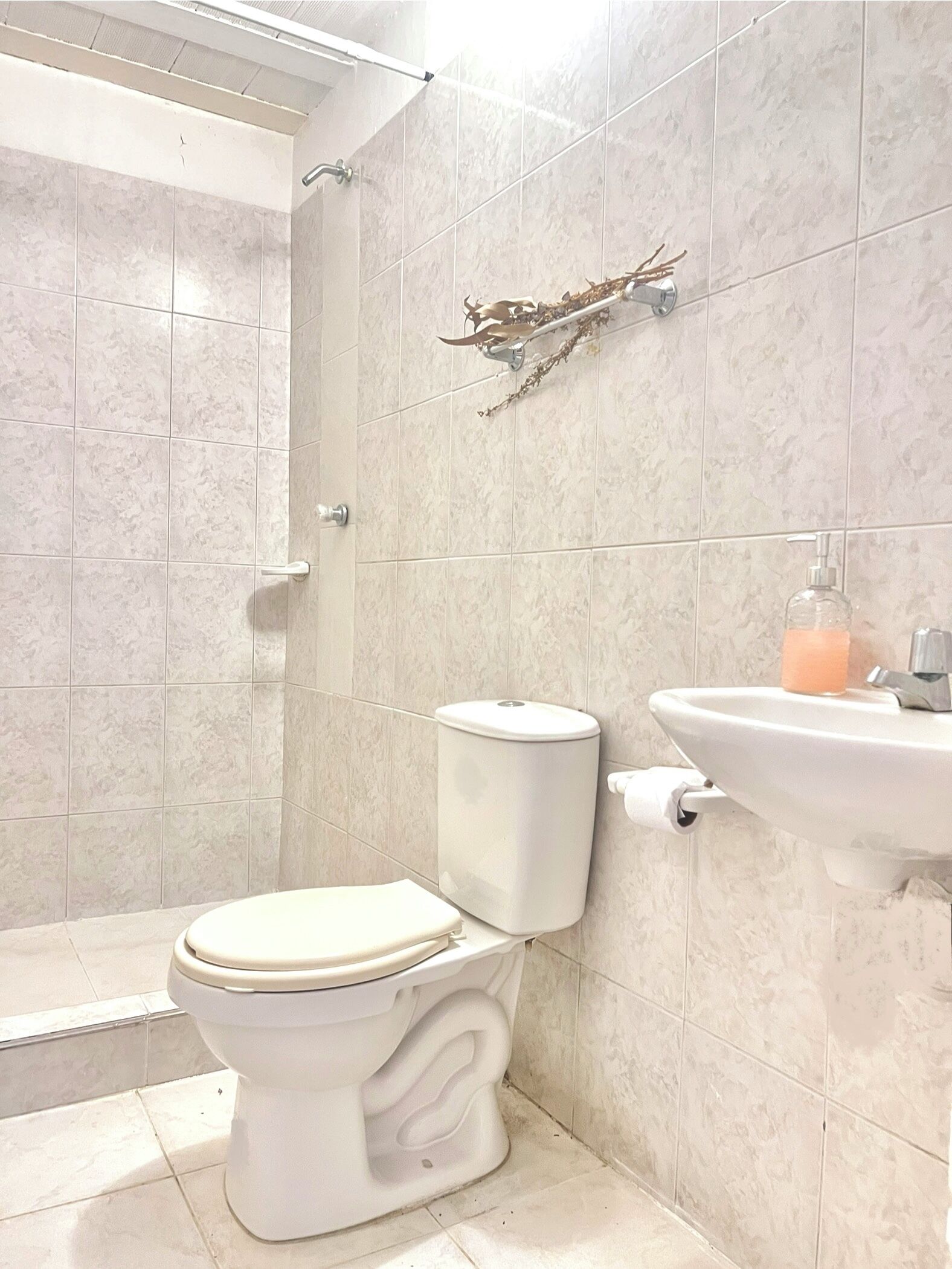 Douche, serviettes fournies, savon, papier toilette