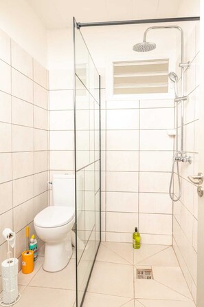 Regadera, secadora de cabello, toallas, jabón 