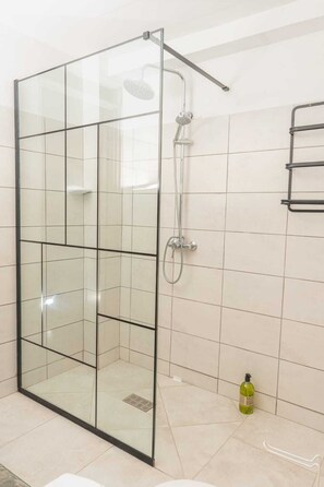 Shower, hair dryer, towels, soap