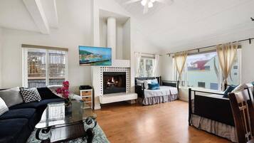 Télévision, cheminée, espaces bureaux