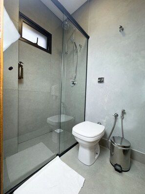 Ducha, secador de pelo, toallas, jabón