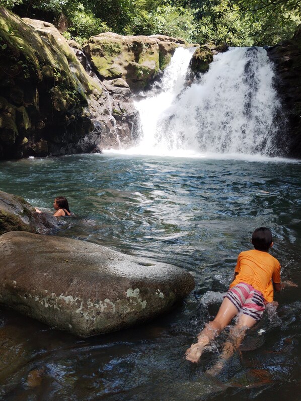 A waterfall in a natural setting with rocks and water.