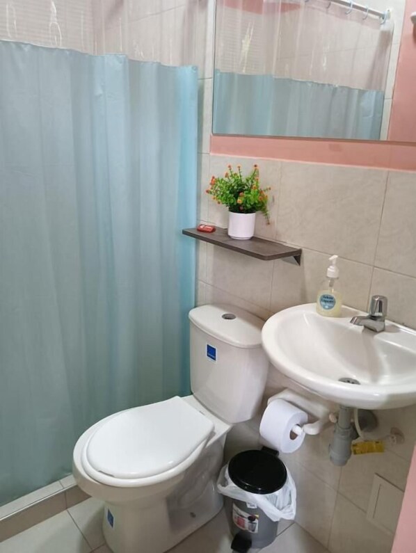 Un baño con inodoro, lavabo y cortina de ducha.