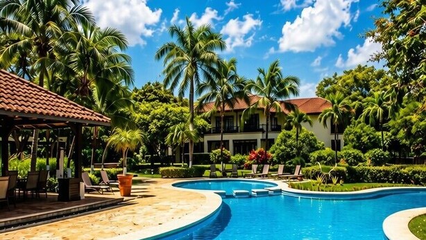 Una piscina azul cristalina con borde curvo, rodeada de palmeras y un edificio con techo de tejas.
