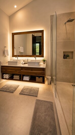 A modern bathroom with two sinks, a large mirror, and a glass shower enclosure.