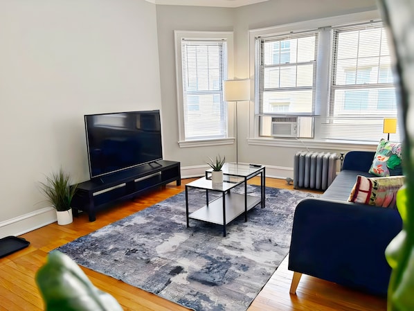 Apartamento conforto, 1 cama King | Área de estar | TV 55 polegadas com canais digitais, serviços de streaming