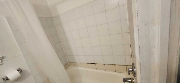 Ein Badezimmer mit weißen Fliesen, einer Badewanne und einer Toilettenpapierrolle am Boden.