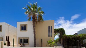 A modern building with a palm tree, a staircase, and a clear blue sky.