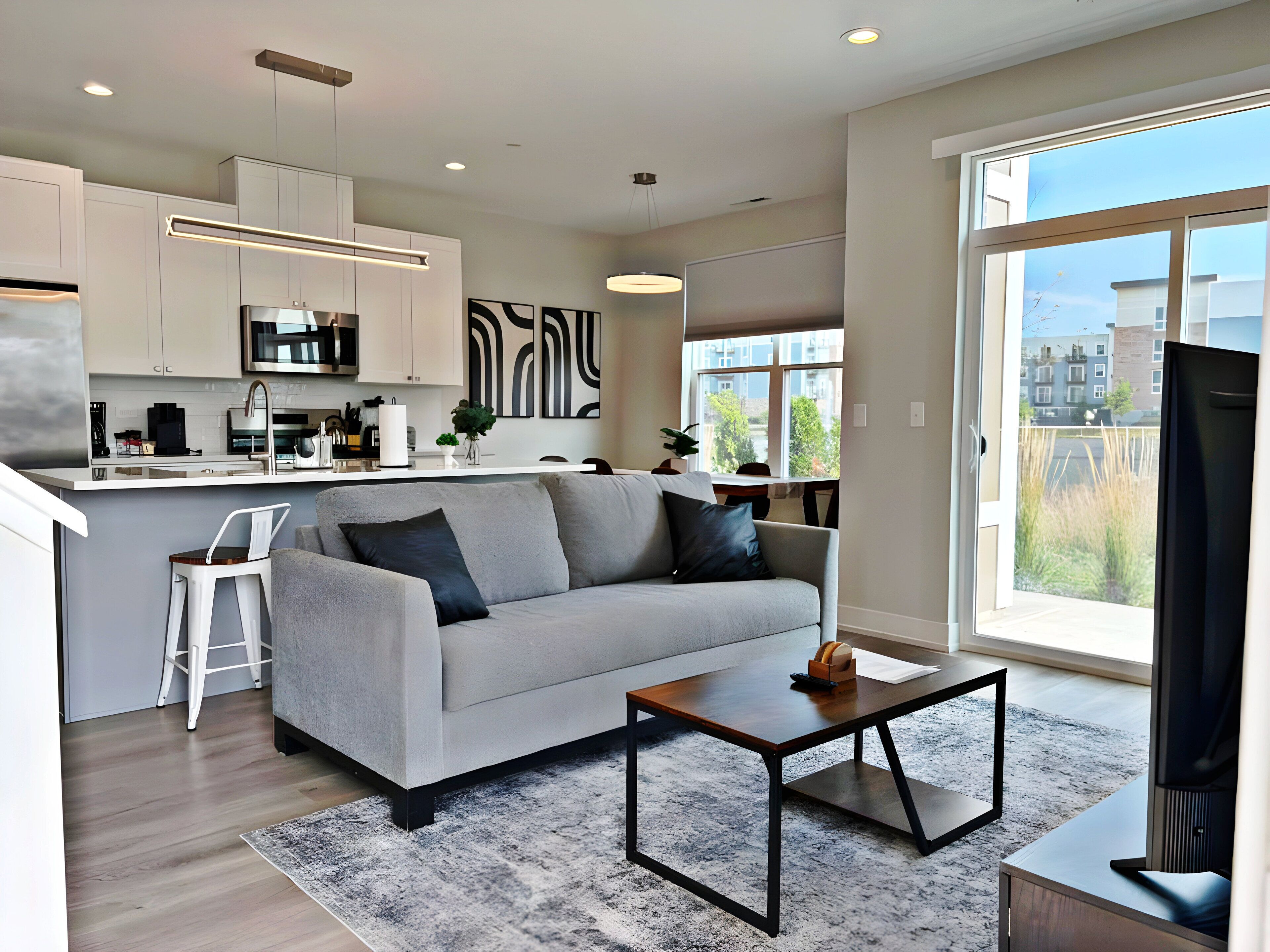 Premier Apartment, Patio, Lake View | Living area | 55-inch TV with digital channels, streaming services