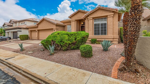 A residential house with a well-maintained garden, a driveway, and a parked car.