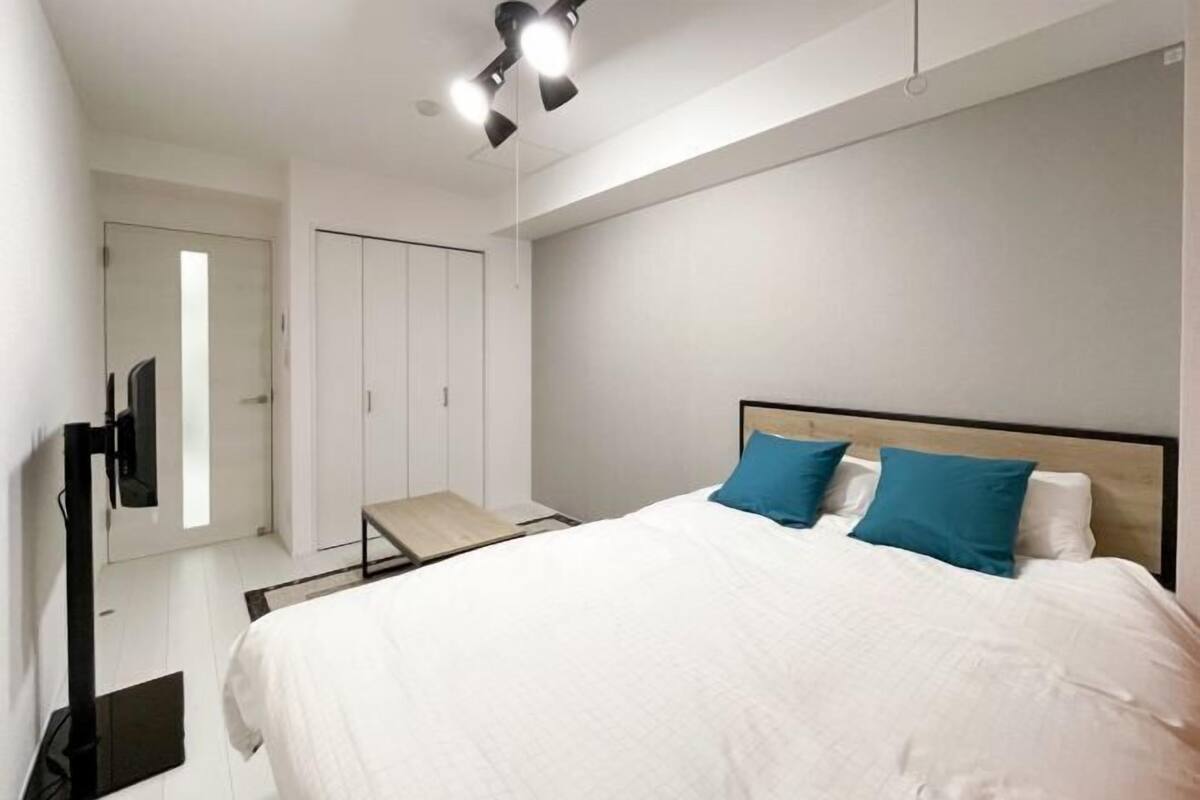 Une chambre à coucher avec un lit, une télévision, une armoire et un luminaire au plafond.