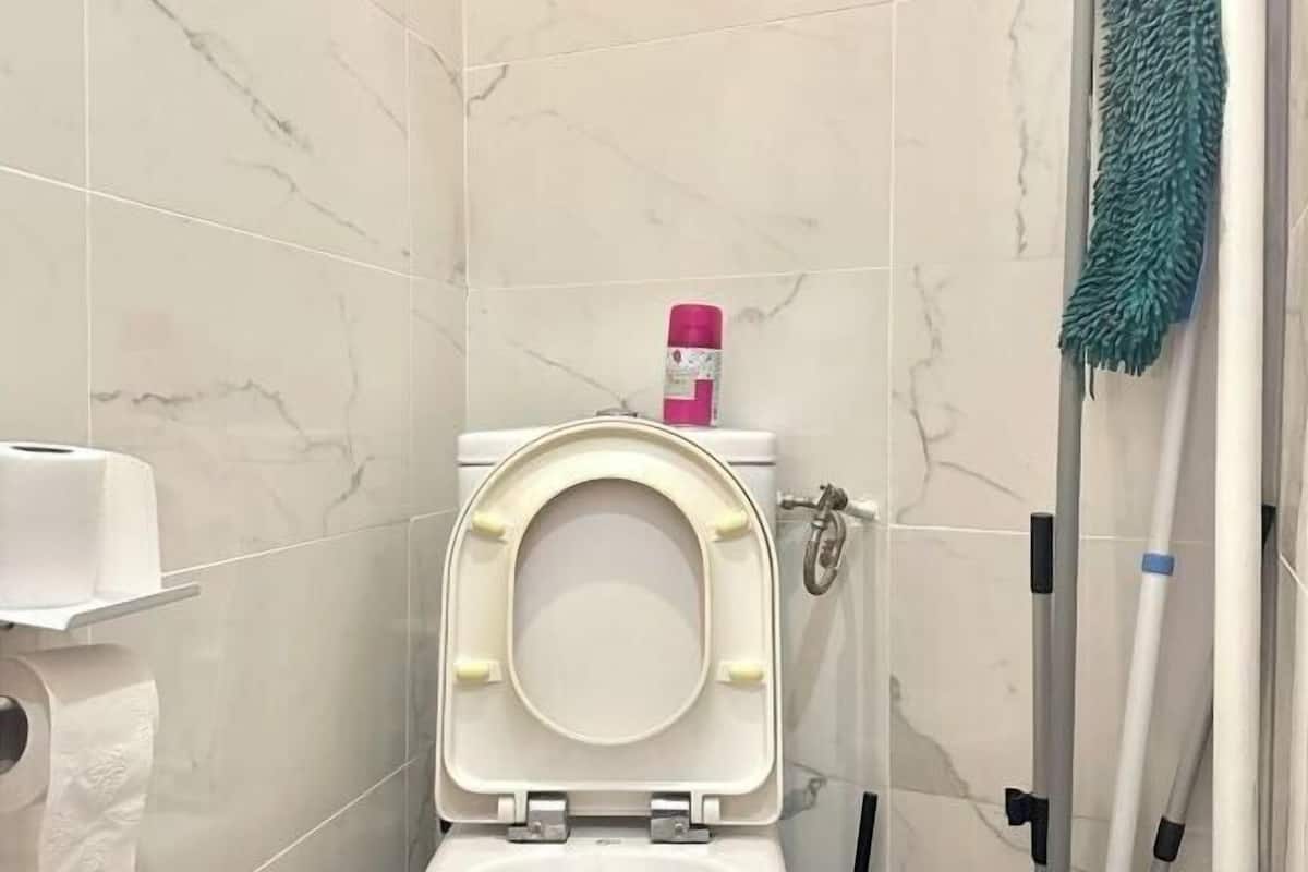 A bathroom with a toilet, a roll of toilet paper, a pink bottle, and cleaning tools.