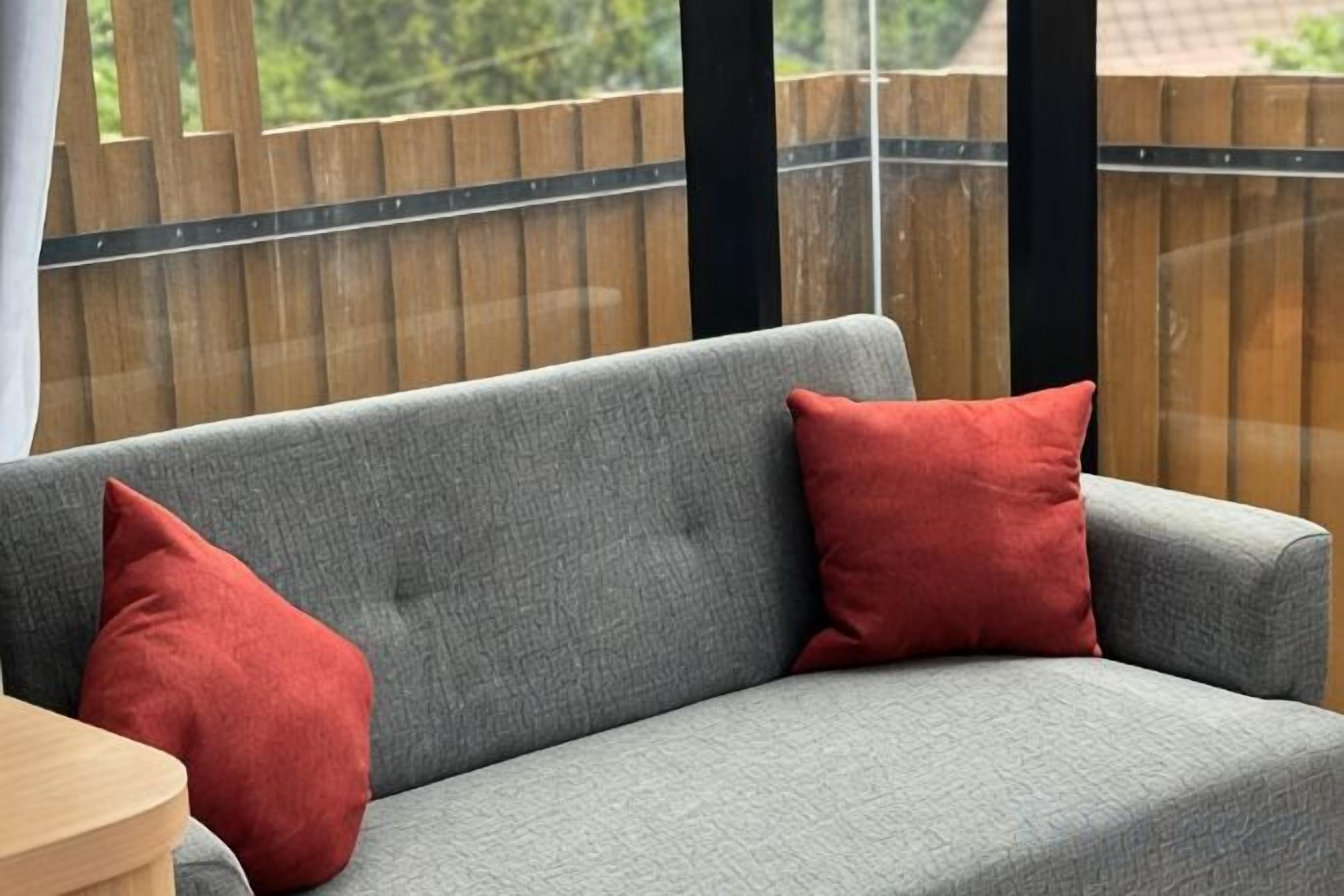 A grey sofa with two red cushions, a wooden fence in the background, and a window with a view of greenery.