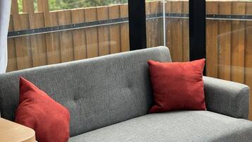 A grey sofa with two red cushions, a wooden fence in the background, and a window with a view of greenery.