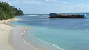 A beach with clear water, a large shipwreck, and dense greenery along the shore. - Long Beach Hotel Pangandaran (Pangandaran)