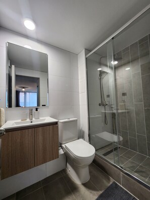 Shower, hair dryer, towels, soap