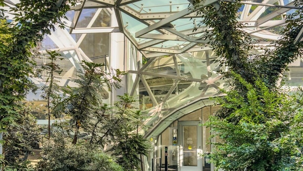 Een glazen loopbrug met een geometrisch metalen frame, omringd door weelderige begroeiing en een stenen pad.