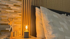 Une chambre à coucher moderne avec une tête de lit en bois, une table de chevet avec une lampe et une statuette décorative représentant un cerf.