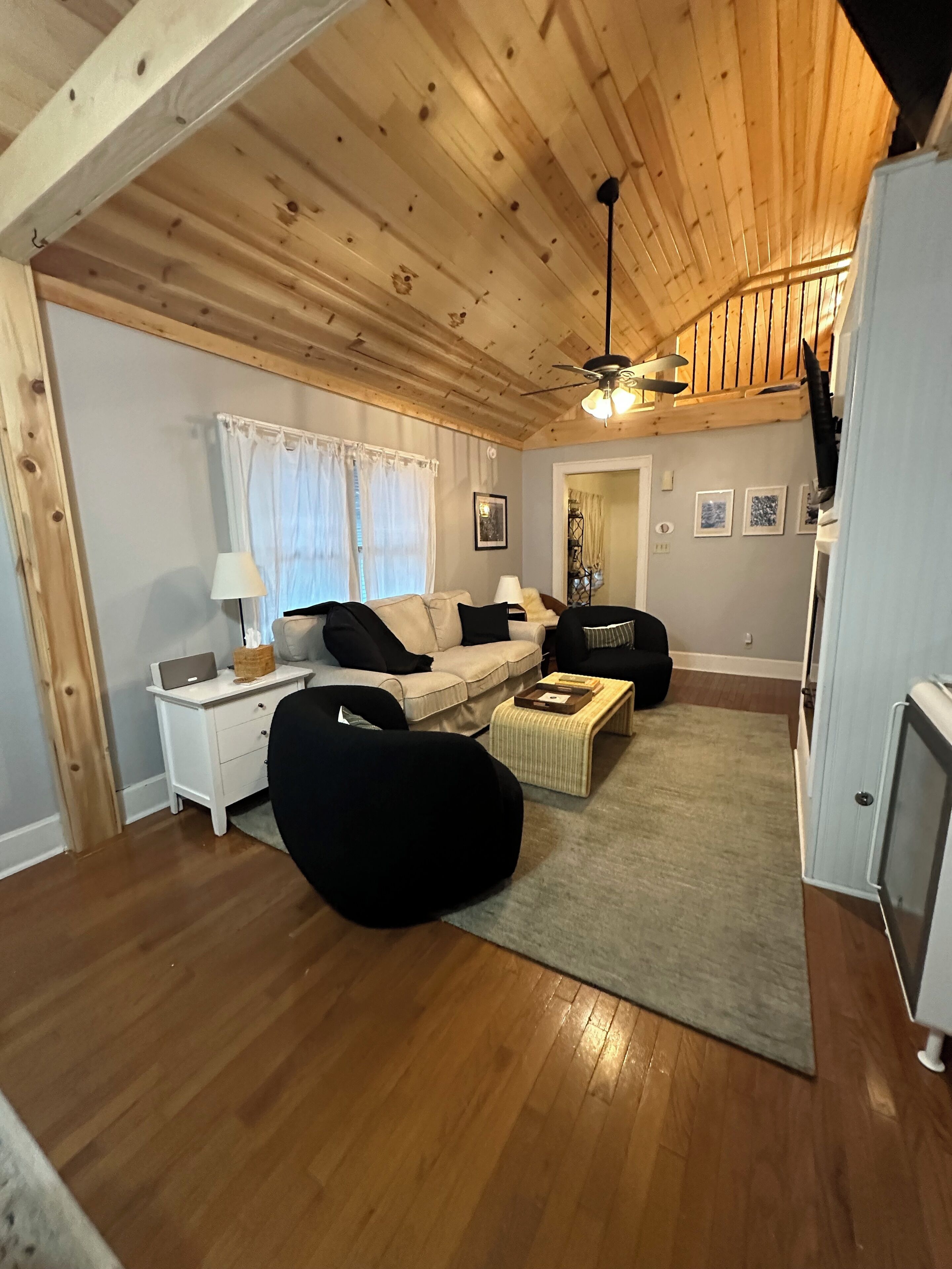 Smart TV, fireplace, books, stereo