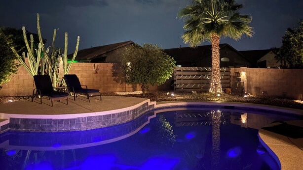 A swimming pool with a curved edge, surrounded by a brick wall. There are two lounge chairs and a palm tree with lights.