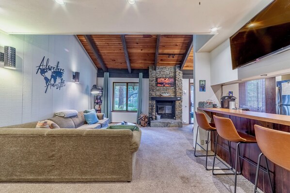 TV, fireplace, books