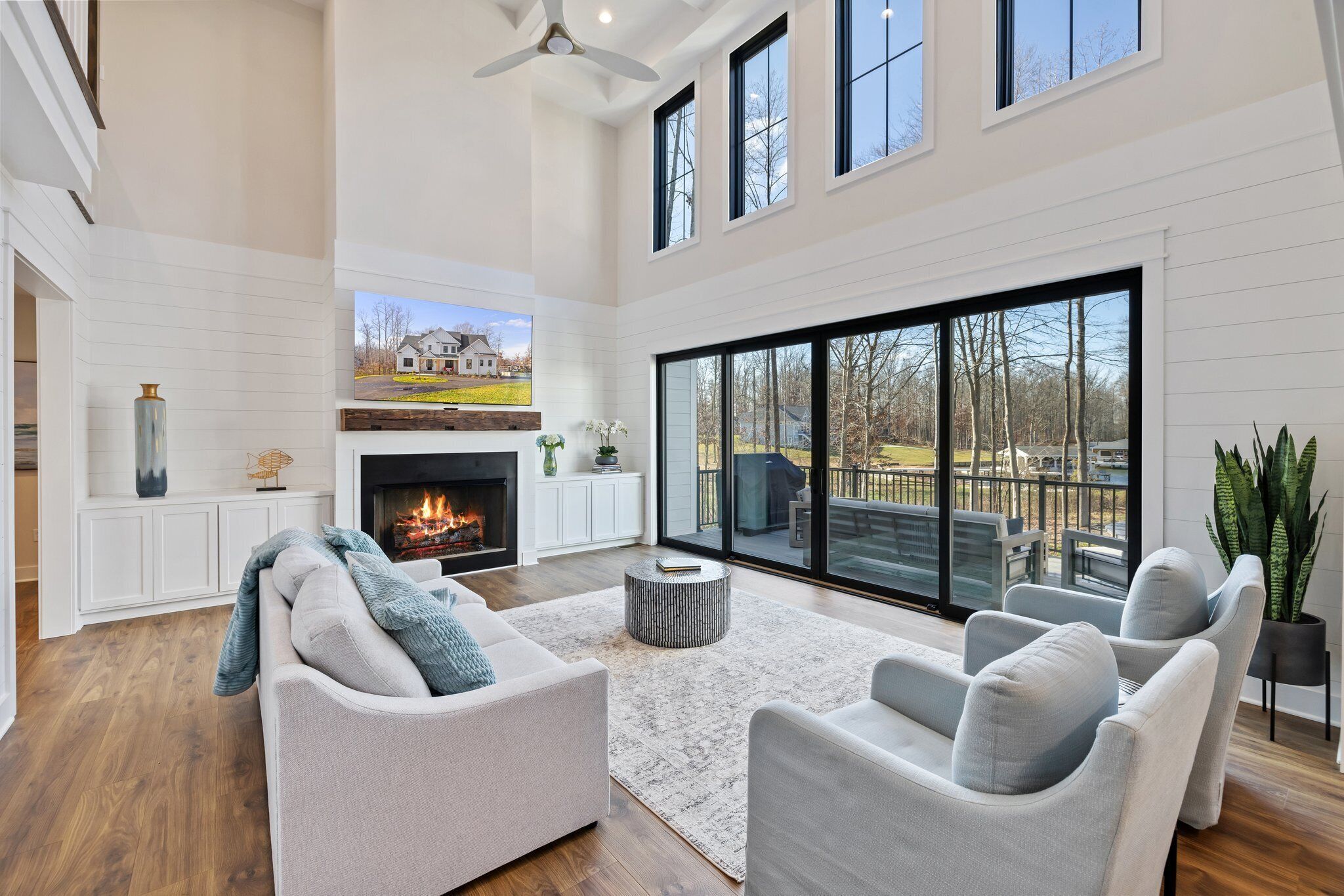 Smart TV, fireplace, video games, DVD player